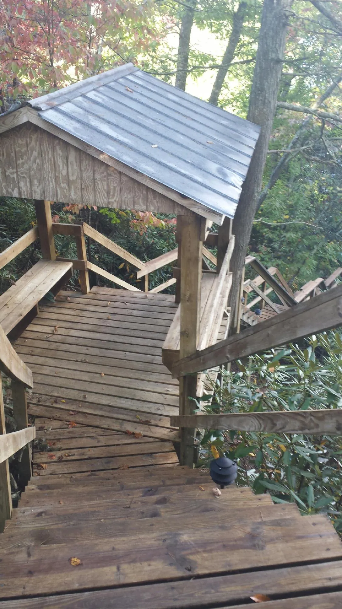 Metal roofed shelter over wooden steps on a wooded walkway — Skylight Repair & Installation work by our crew in Scott Depot